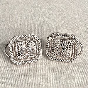 Signed Double Halo Rectangular earrings SIlver Tone Clip Ons
